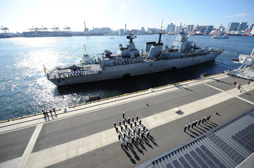 The German Navy Frigate Bayern docks at Tokyo's International Cruise Terminal on Nov. 5, 2021. The German Navy is set to kick off its Indo-Pacific deployment of one frigate and one combat support ship in May, three years after its first such mission to the region in over 20 years.